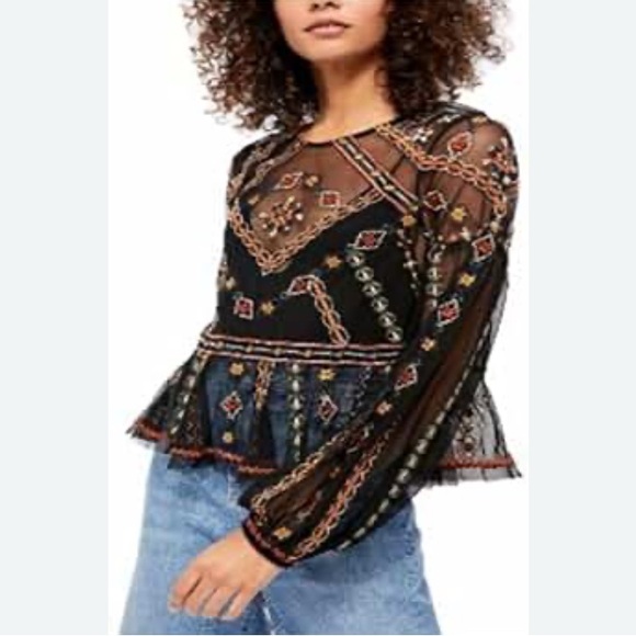 Free People Give A Little Mesh Top Embroidered Black Size Small - Picture 1 of 10